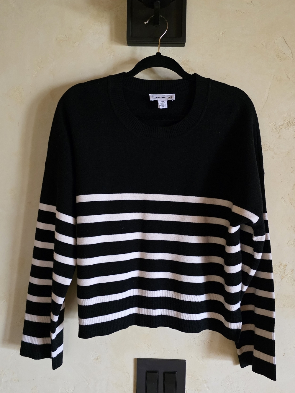 For The Republic Black & Cream Striped Crewneck Sweater Womens Large